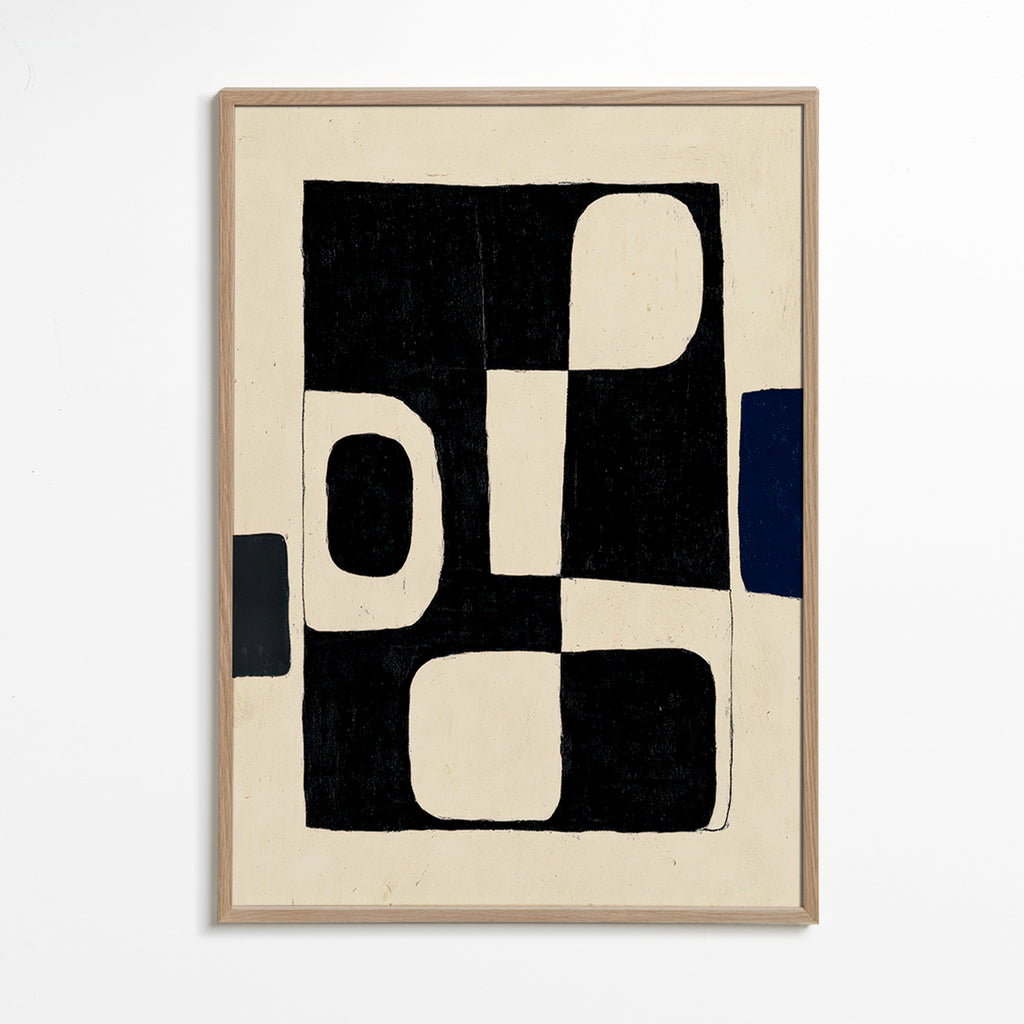 Geometrisk plakat med sorte blokke og buede negativer – Oak Frame