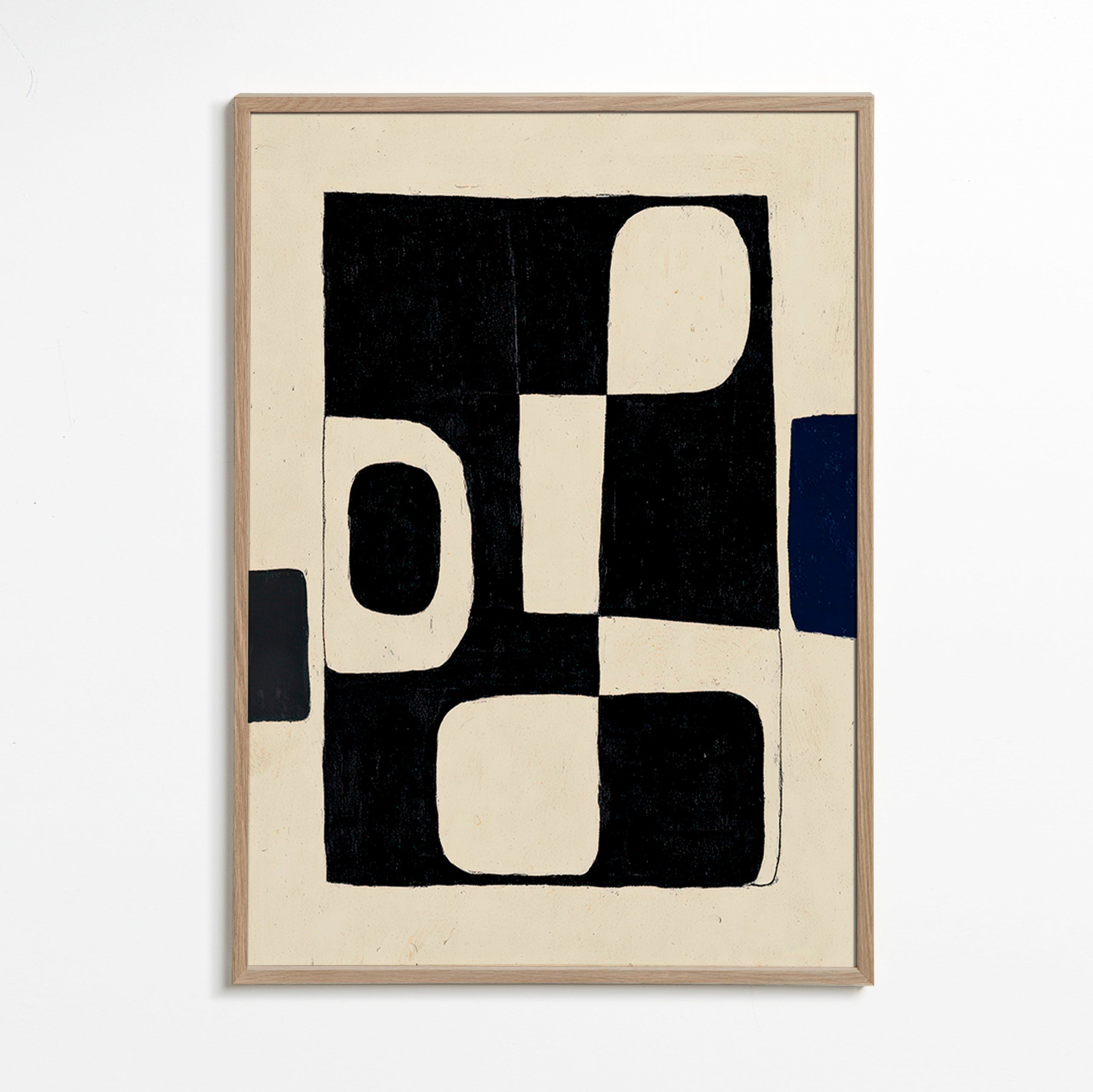 Geometrisk plakat med sorte blokke og buede negativer – Oak Frame