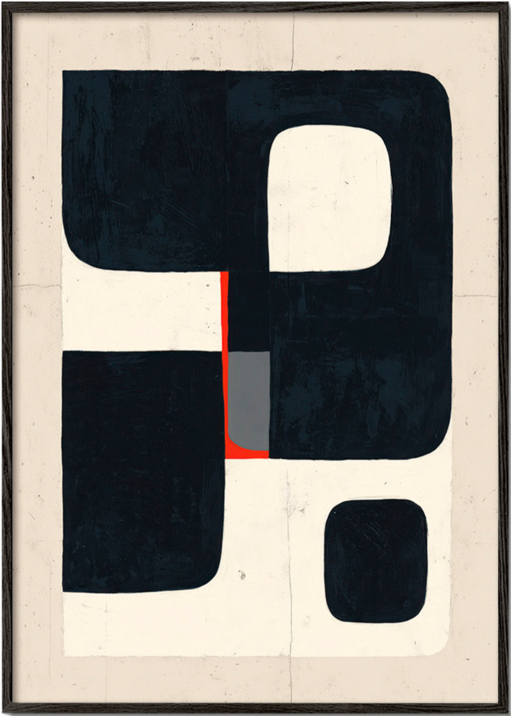 Geometrisk plakat med sorte blokke og rødt detalje – Black Frame
