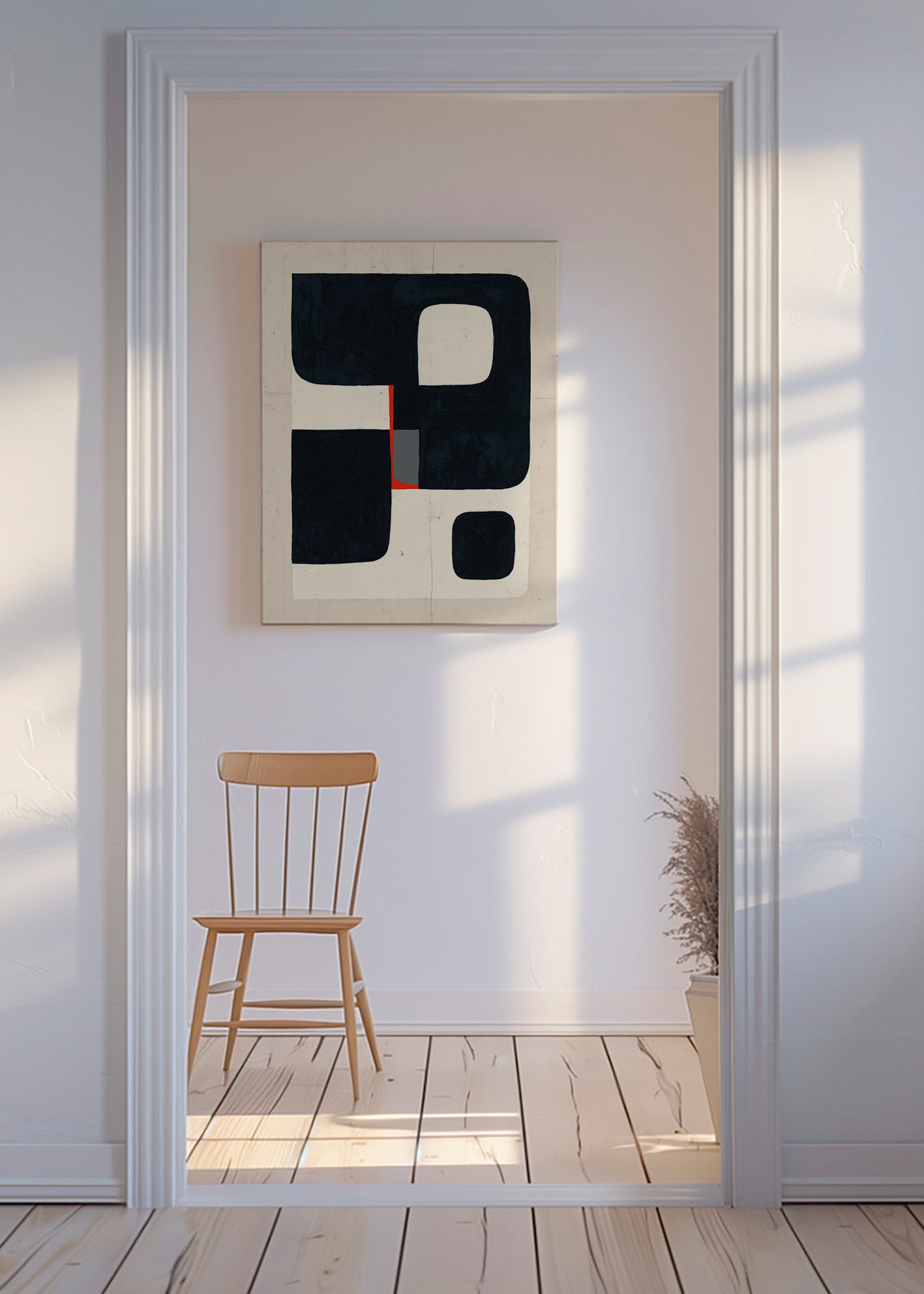 Geometrisk plakat med sorte blokke og rødt detalje – Canvas