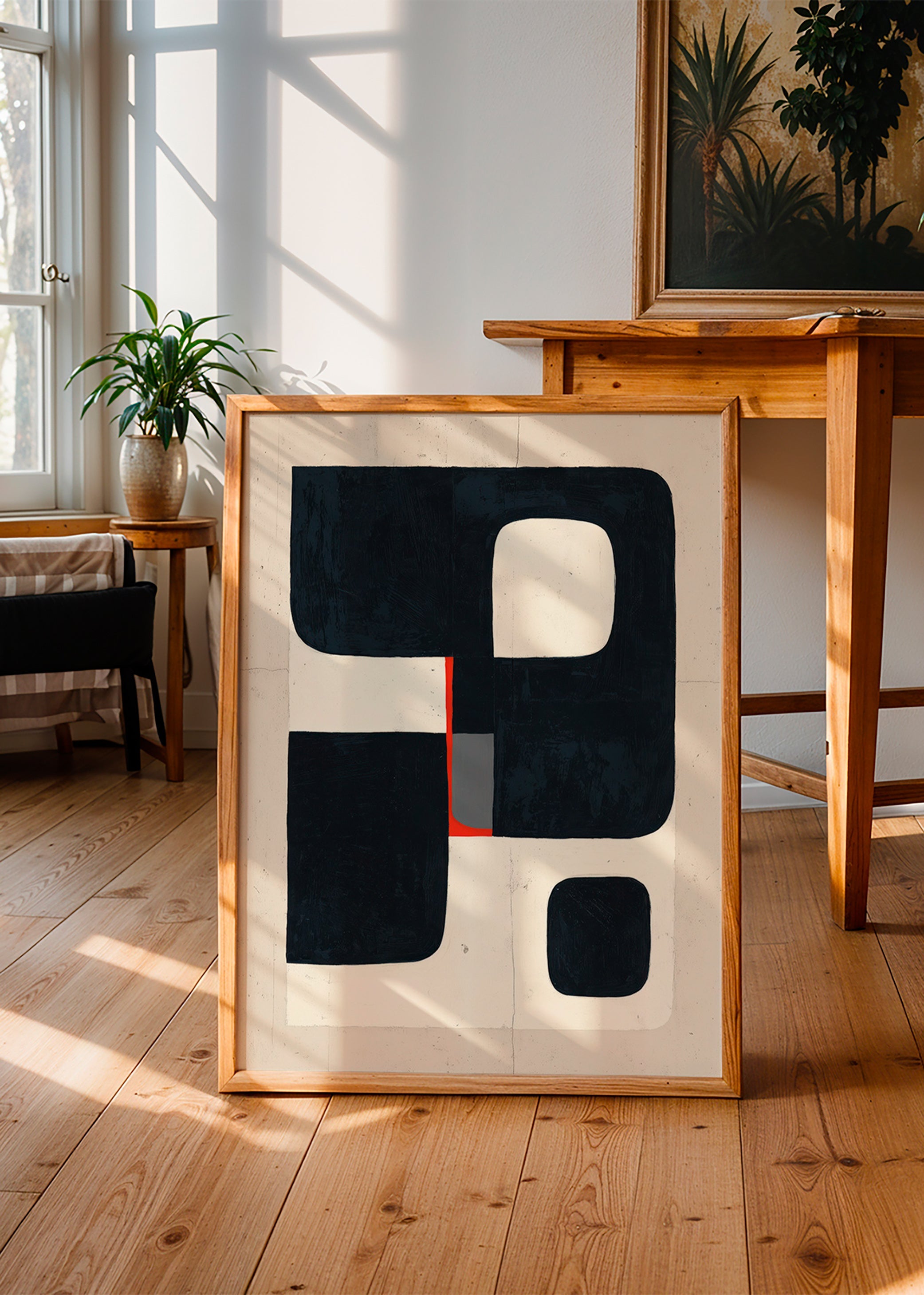 Geometrisk plakat med sorte blokke og rødt detalje – Product1
