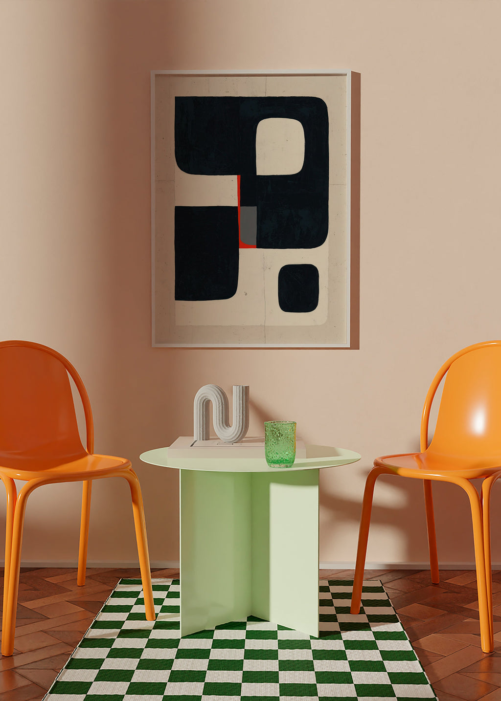 Geometrisk plakat med sorte blokke og rødt detalje – Product2