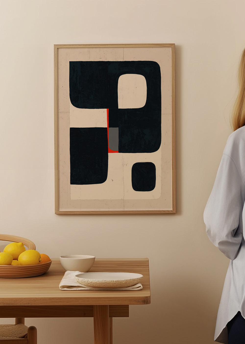 Geometrisk plakat med sorte blokke og rødt detalje – Product3
