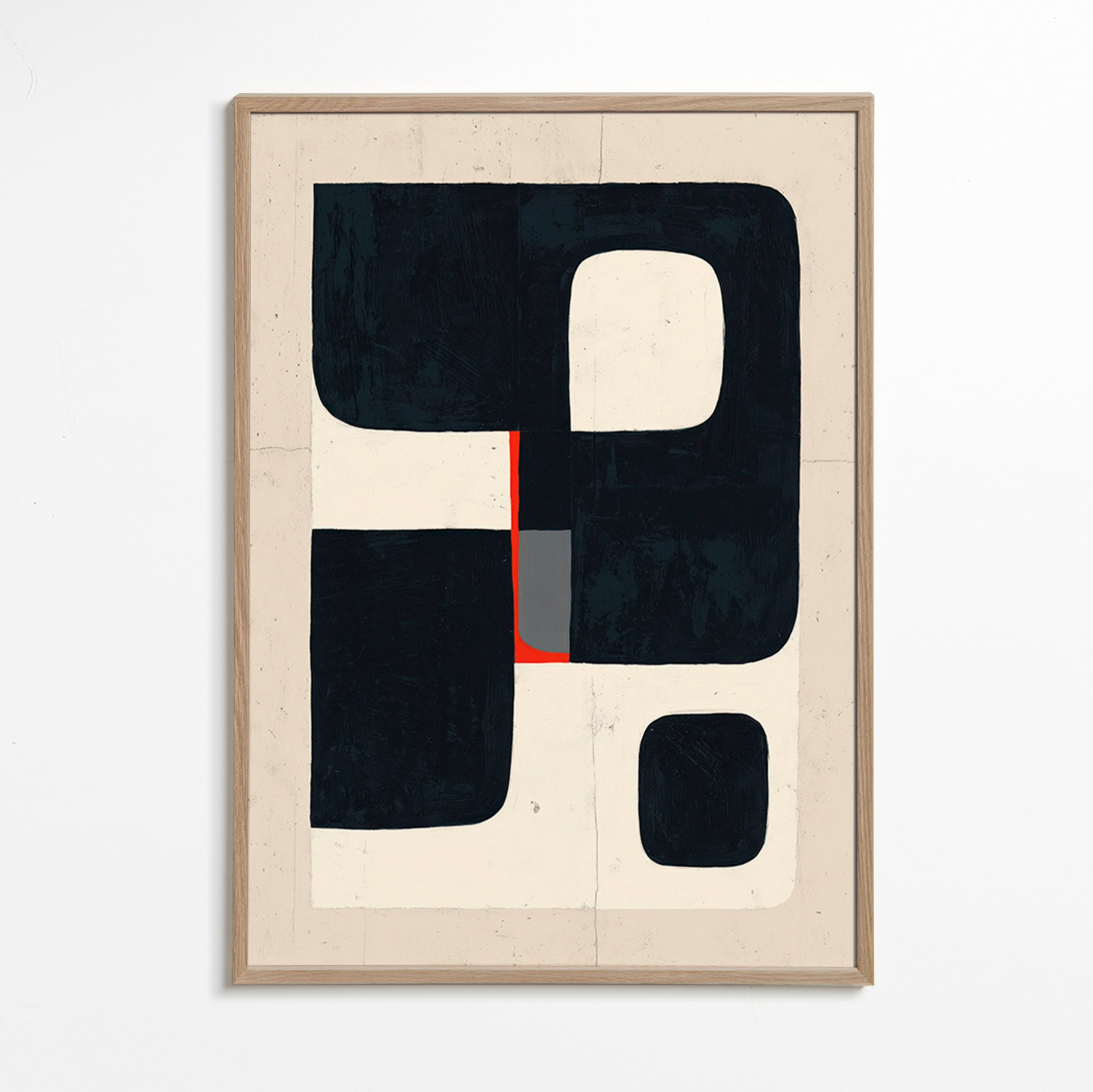 Geometrisk plakat med sorte blokke og rødt detalje – Oak Frame