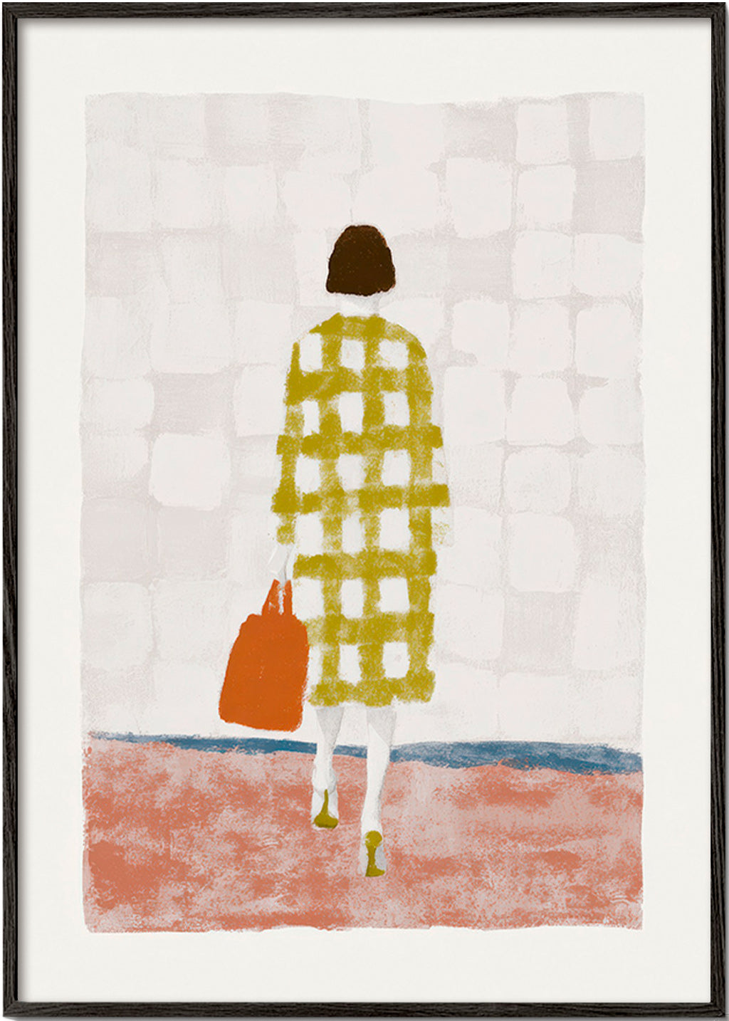 Illustration af kvinde set bagfra med ternet frakke – Black Frame