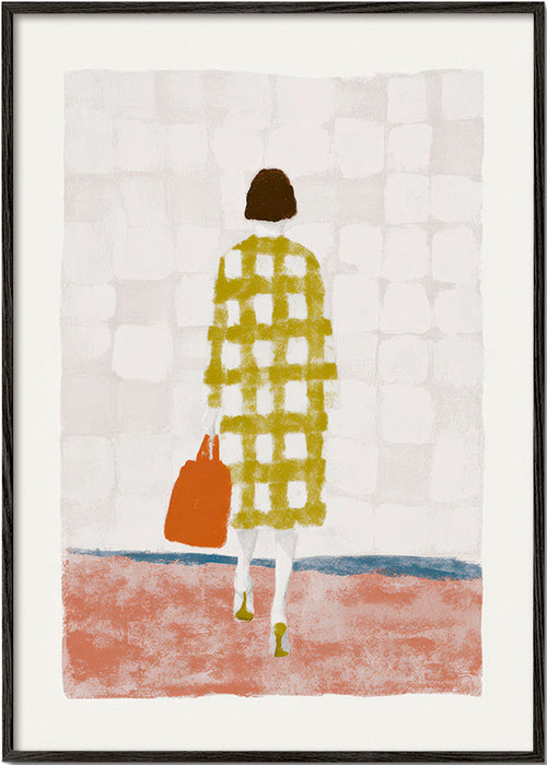 Illustration af kvinde set bagfra med ternet frakke – Black Frame