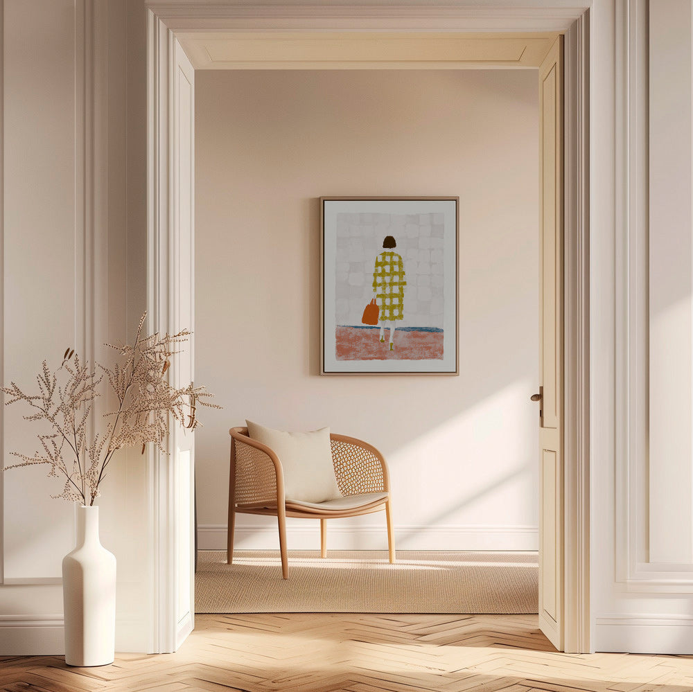 Illustration af kvinde set bagfra med ternet frakke – Canvas2