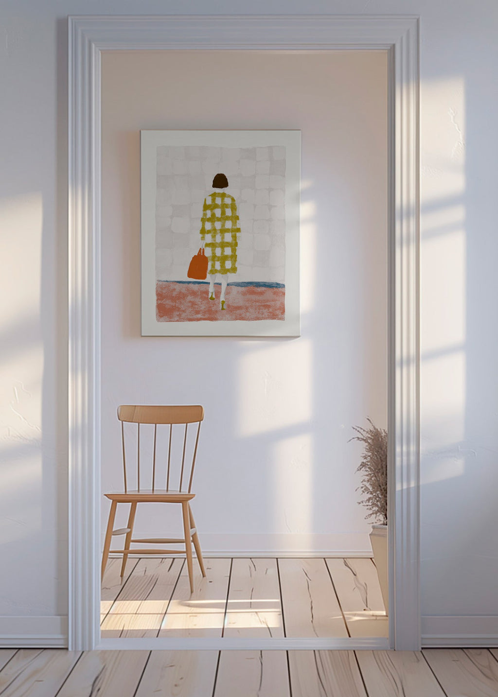 Illustration af kvinde set bagfra med ternet frakke – Canvas