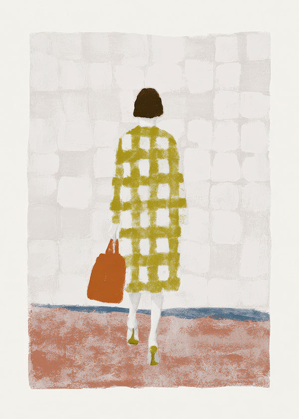 Illustration af kvinde set bagfra med ternet frakke