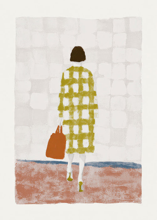 Illustration af kvinde set bagfra med ternet frakke