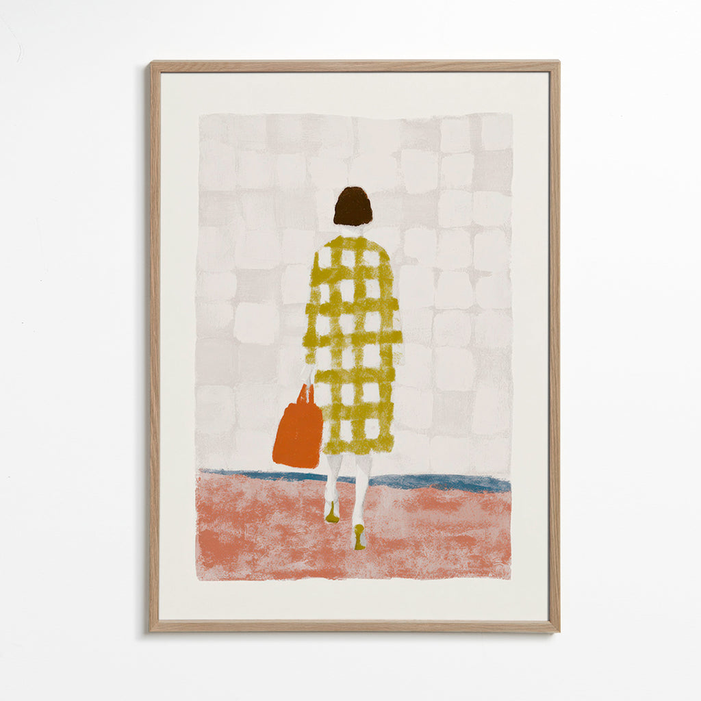Illustration af kvinde set bagfra med ternet frakke – Oak Frame