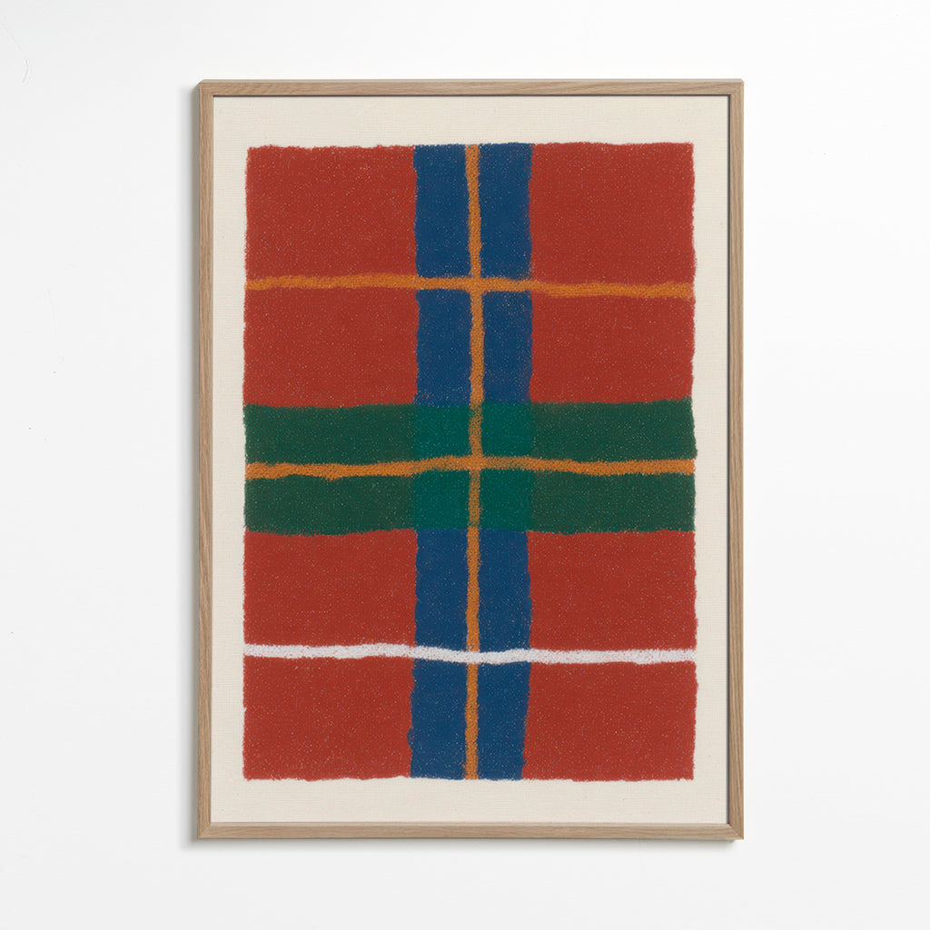 Geometrisk tartan-plakat i varme nuancer – Oak Frame
