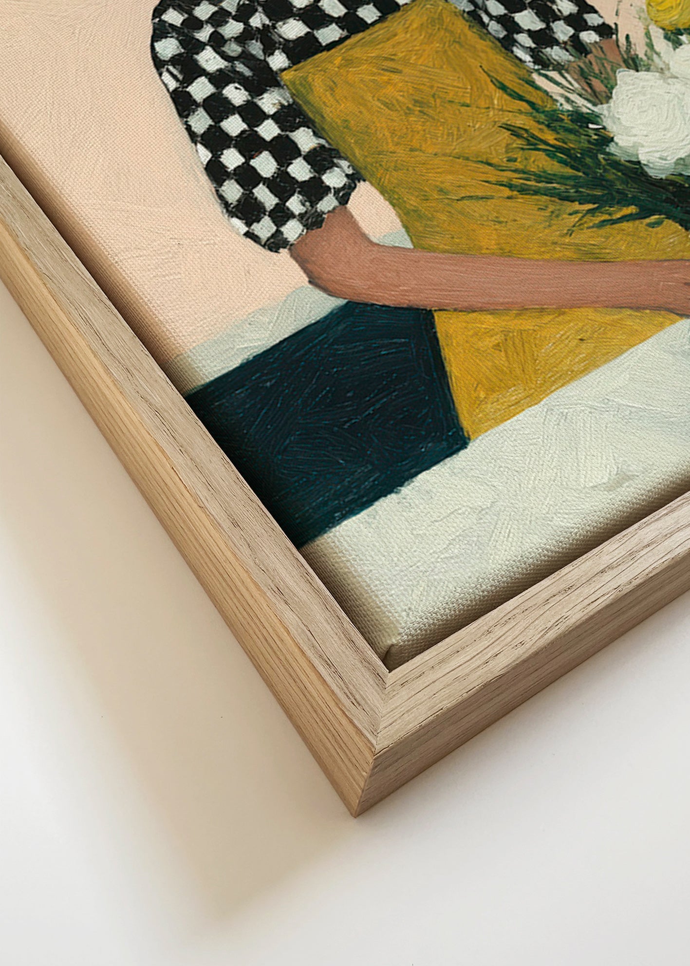 Botanisk plakat: blomsterhandler med gul forklæde og buket – Canvas detail