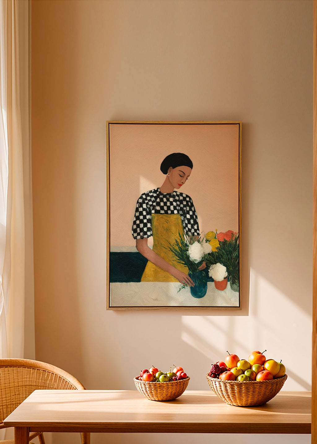 Botanisk plakat: blomsterhandler med gul forklæde og buket – Canvas1