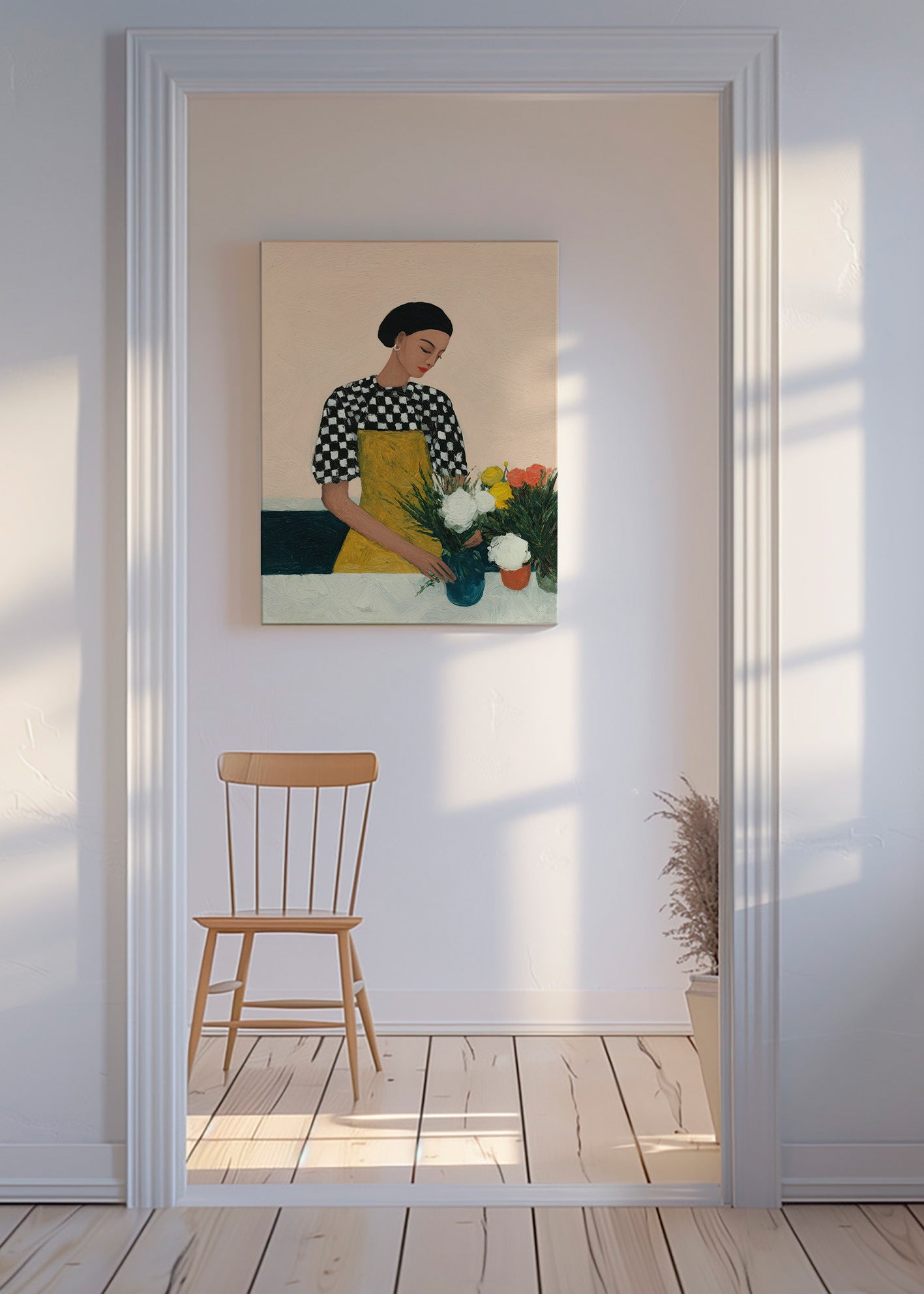 Botanisk plakat: blomsterhandler med gul forklæde og buket – Canvas