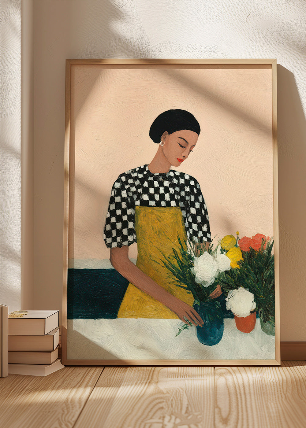 Botanisk plakat: blomsterhandler med gul forklæde og buket – Product2