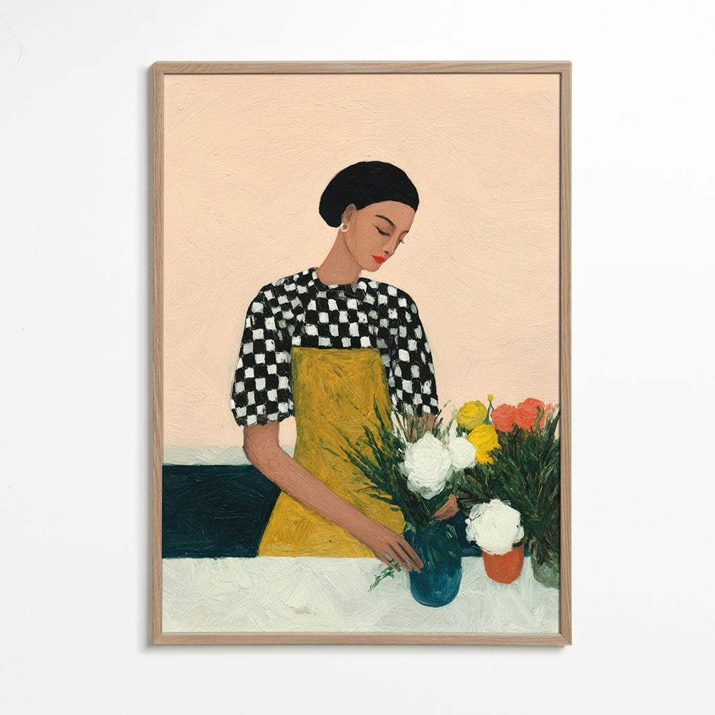 Botanisk plakat: blomsterhandler med gul forklæde og buket – Oak Frame