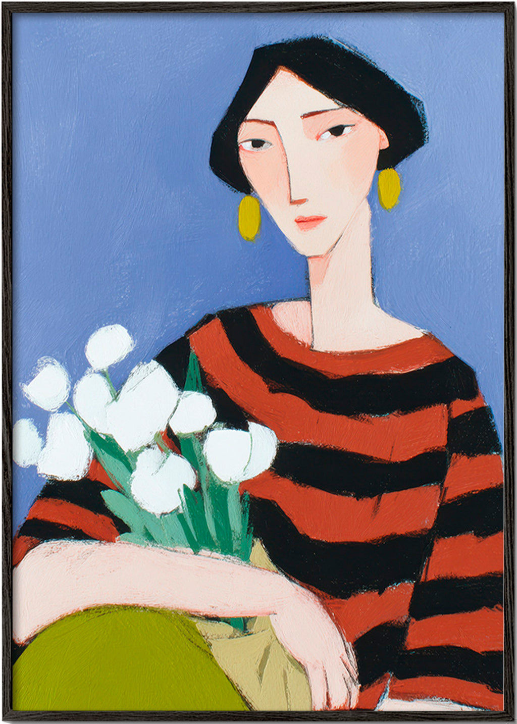 Illustration af kvinde med hvide tulipaner – Black Frame