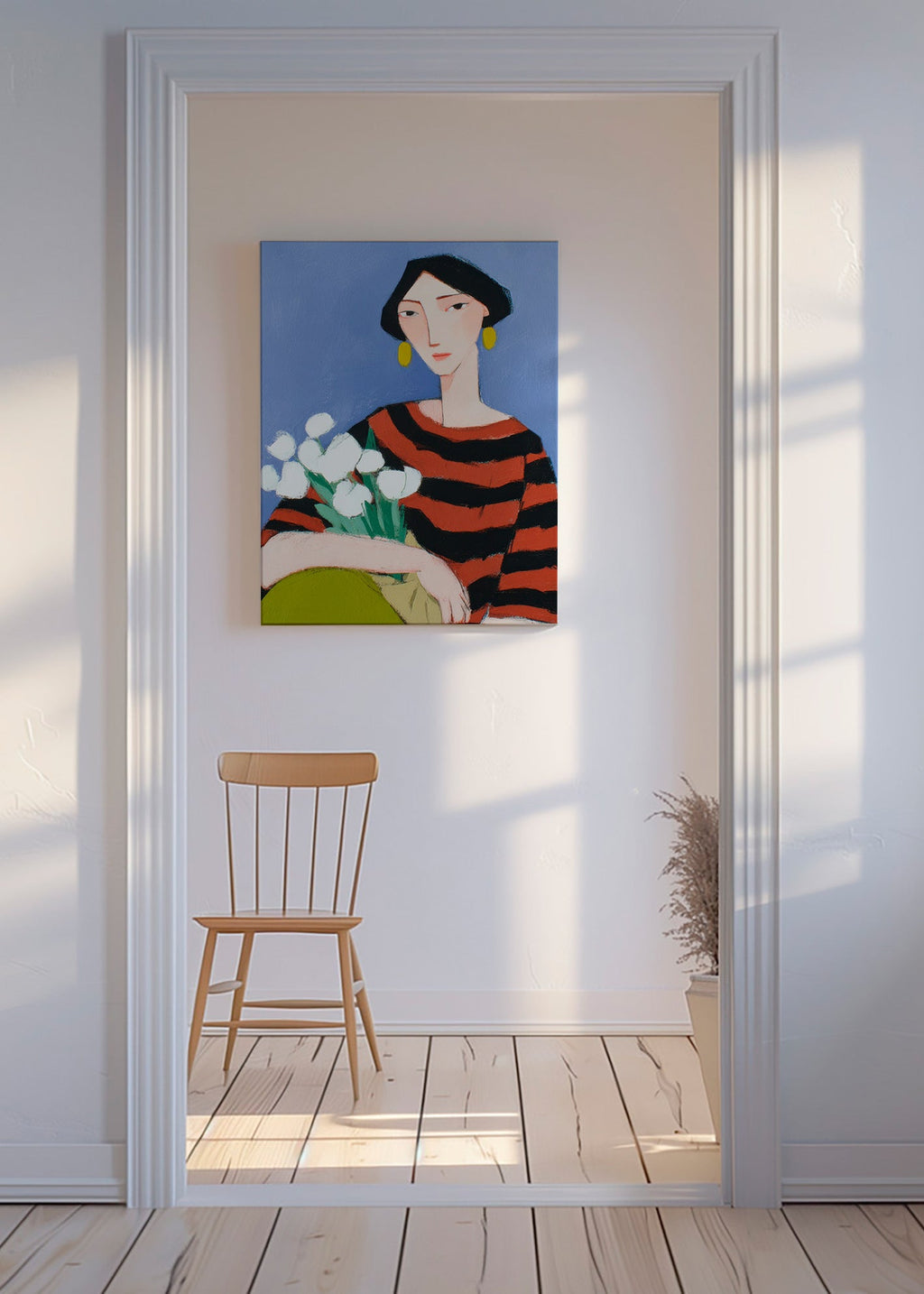Illustration af kvinde med hvide tulipaner – Canvas