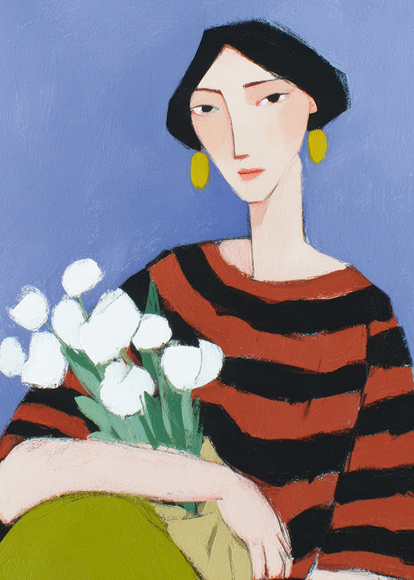 Illustration af kvinde med hvide tulipaner