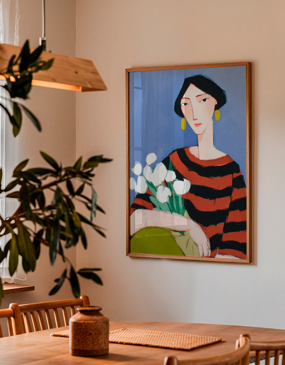 Illustration af kvinde med hvide tulipaner – Product1