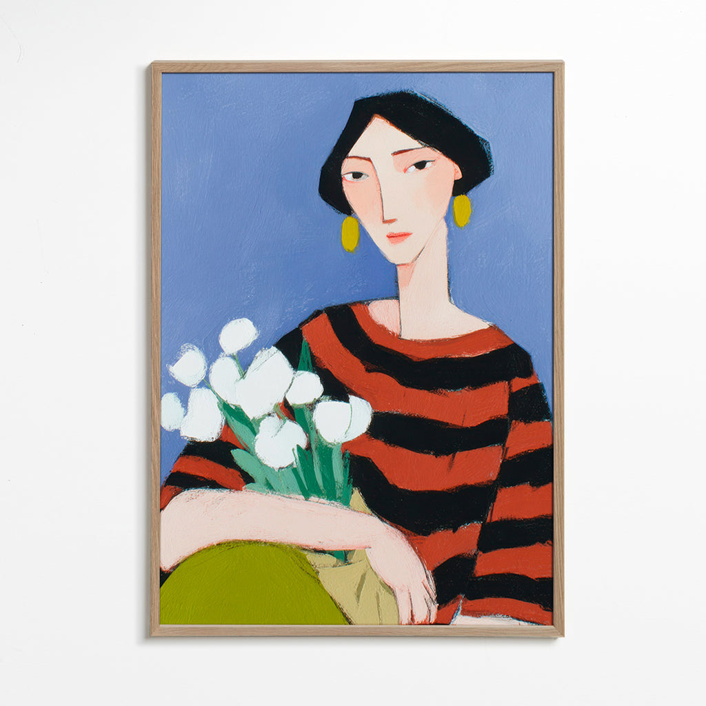 Illustration af kvinde med hvide tulipaner – Oak Frame