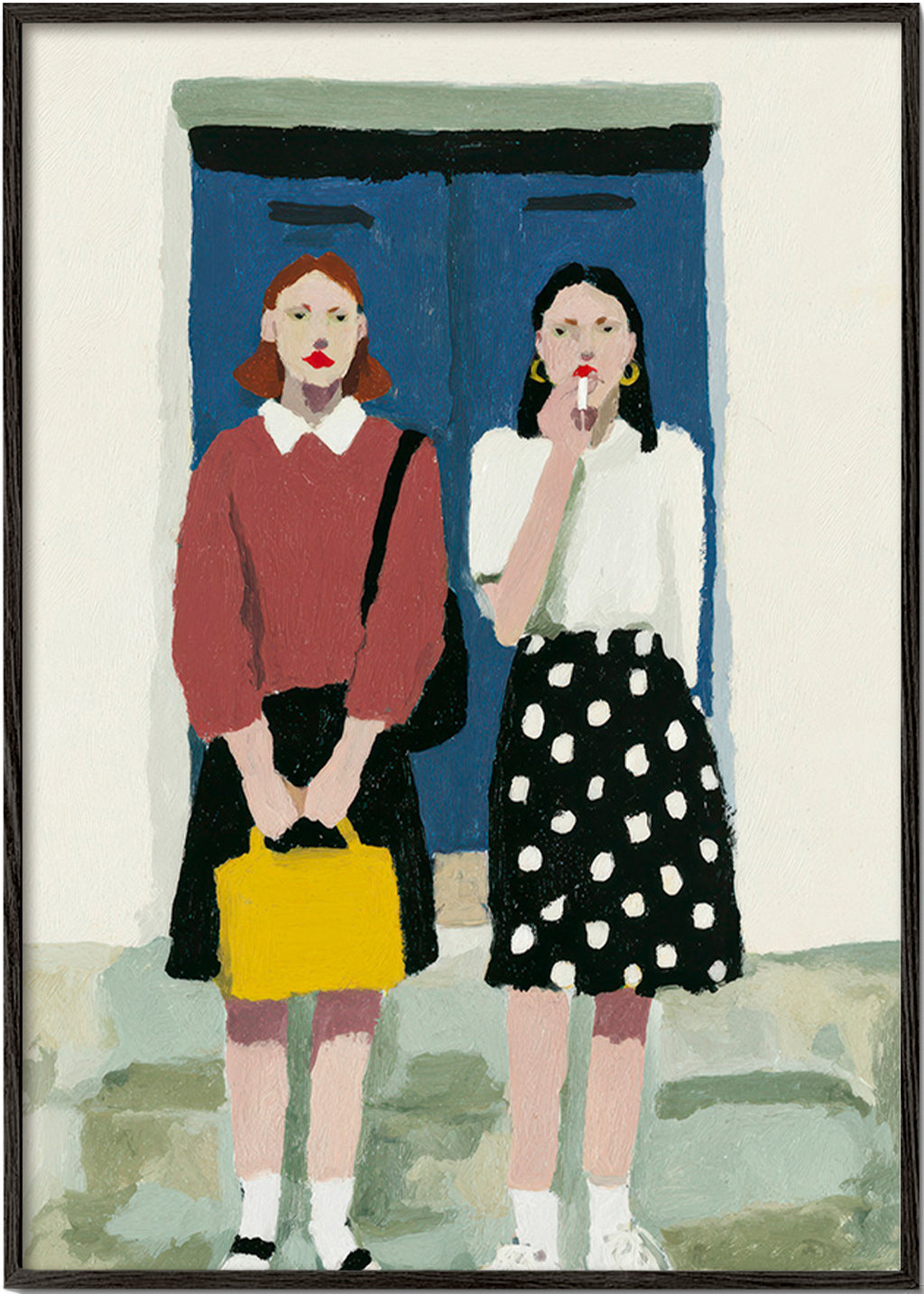Illustration af to figurer ved en blå dør – Black Frame