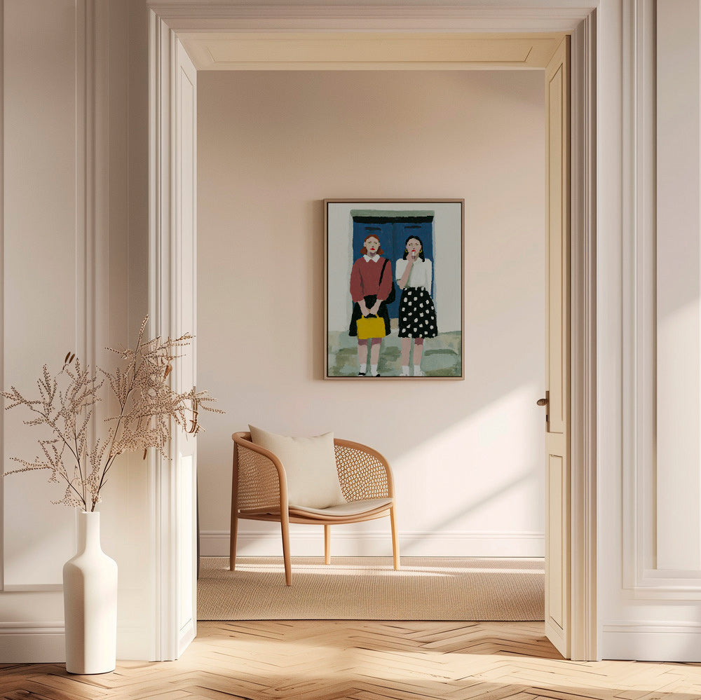 Illustration af to figurer ved en blå dør – Canvas2
