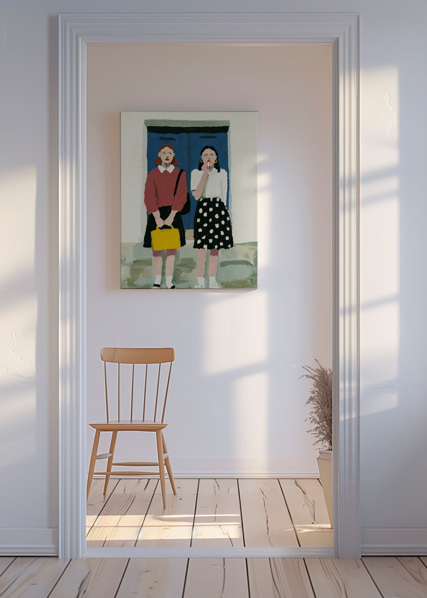 Illustration af to figurer ved en blå dør – Canvas