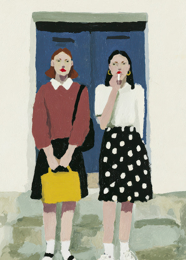 Illustration af to figurer ved en blå dør