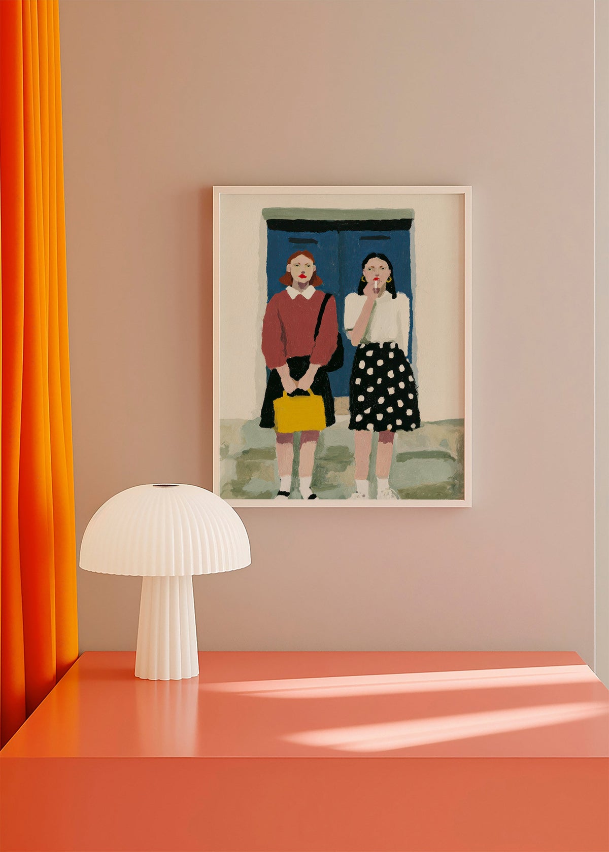 Illustration af to figurer ved en blå dør – Product1