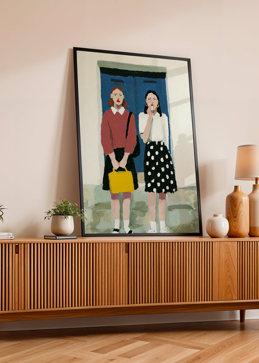 Illustration af to figurer ved en blå dør – Product2