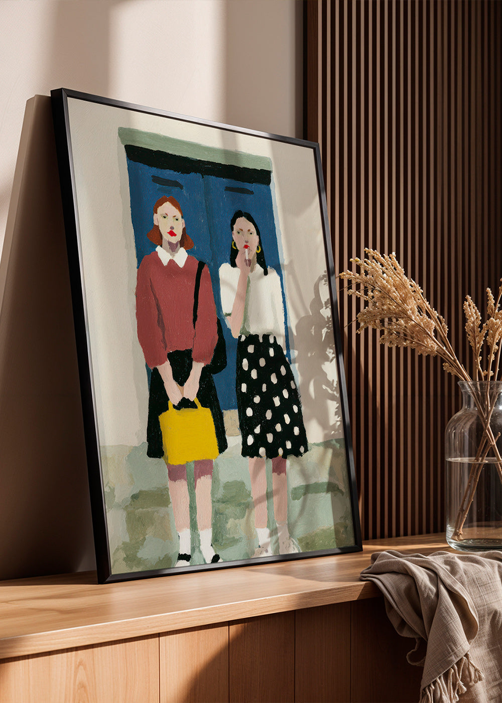 Illustration af to figurer ved en blå dør – Product3