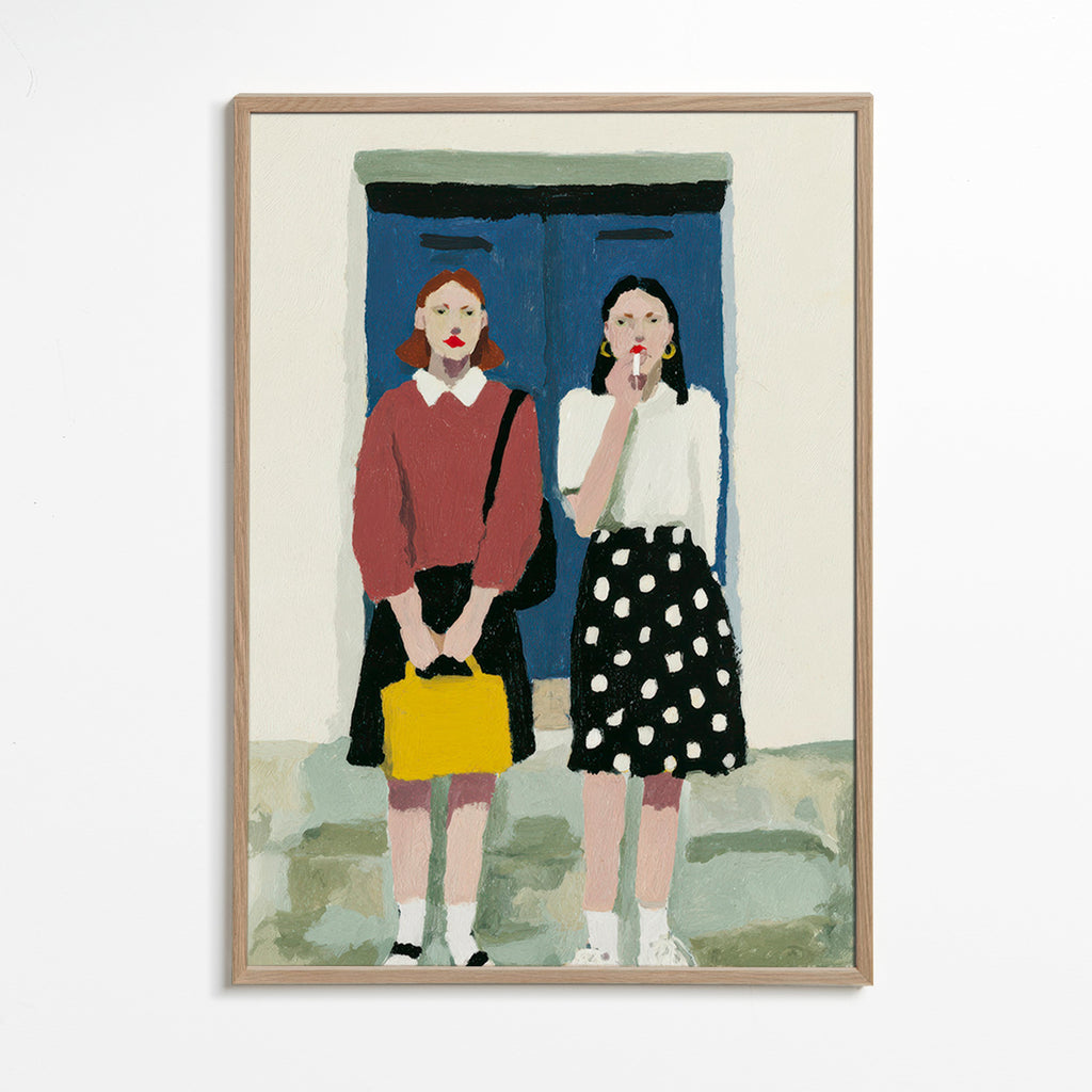 Illustration af to figurer ved en blå dør – Oak Frame