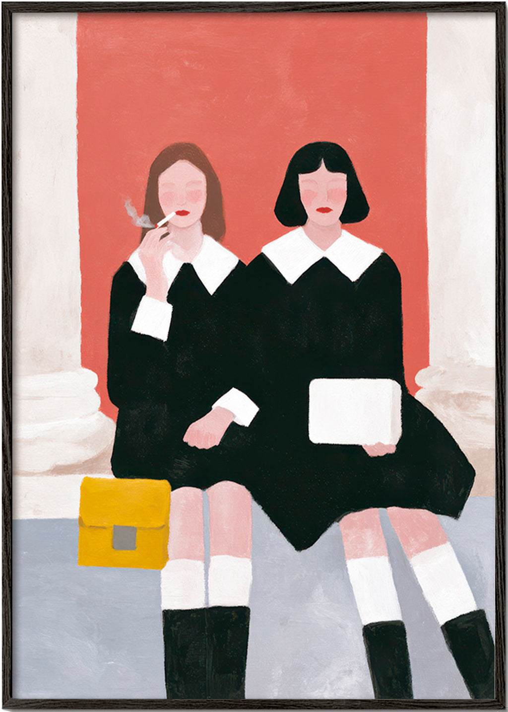 Illustration af to siddende figurer i retrostil – Black Frame