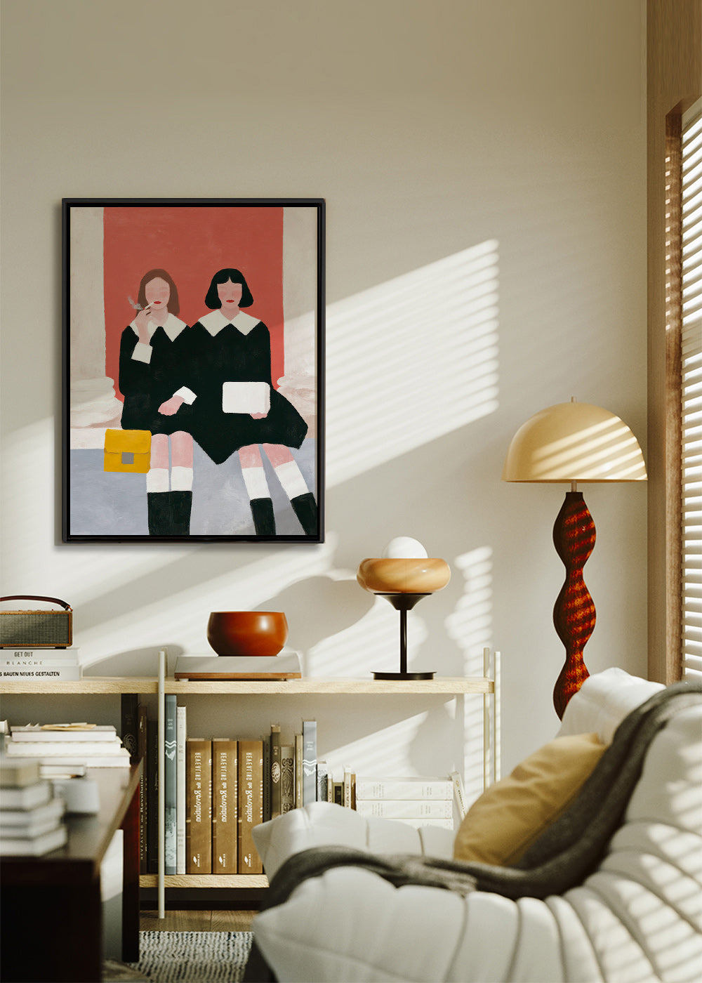 Illustration af to siddende figurer i retrostil – Canvas1