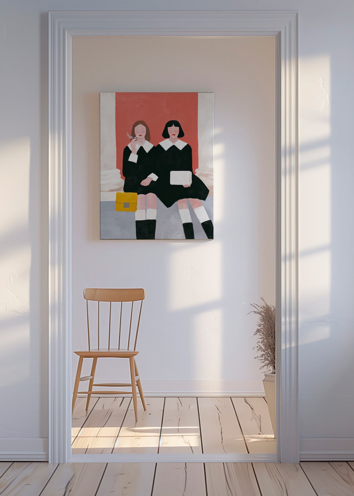 Illustration af to siddende figurer i retrostil – Canvas