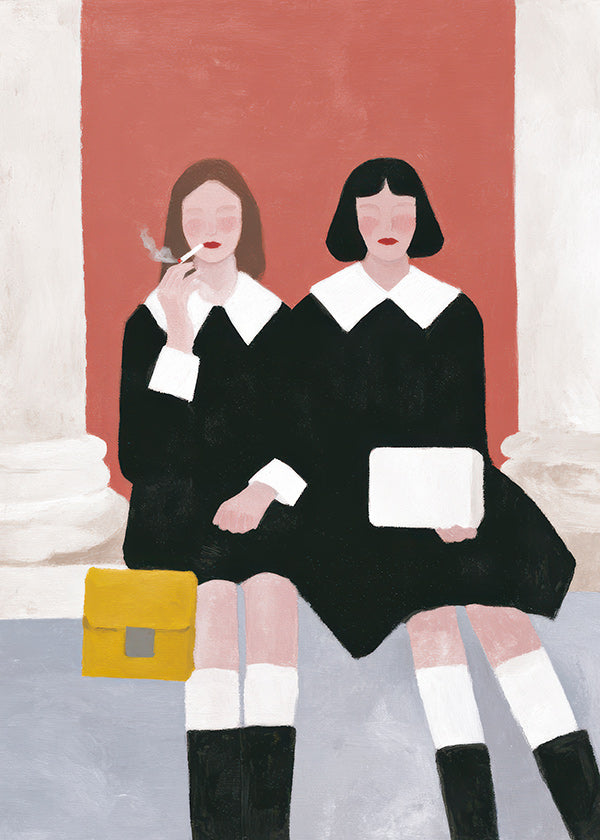 Illustration af to siddende figurer i retrostil