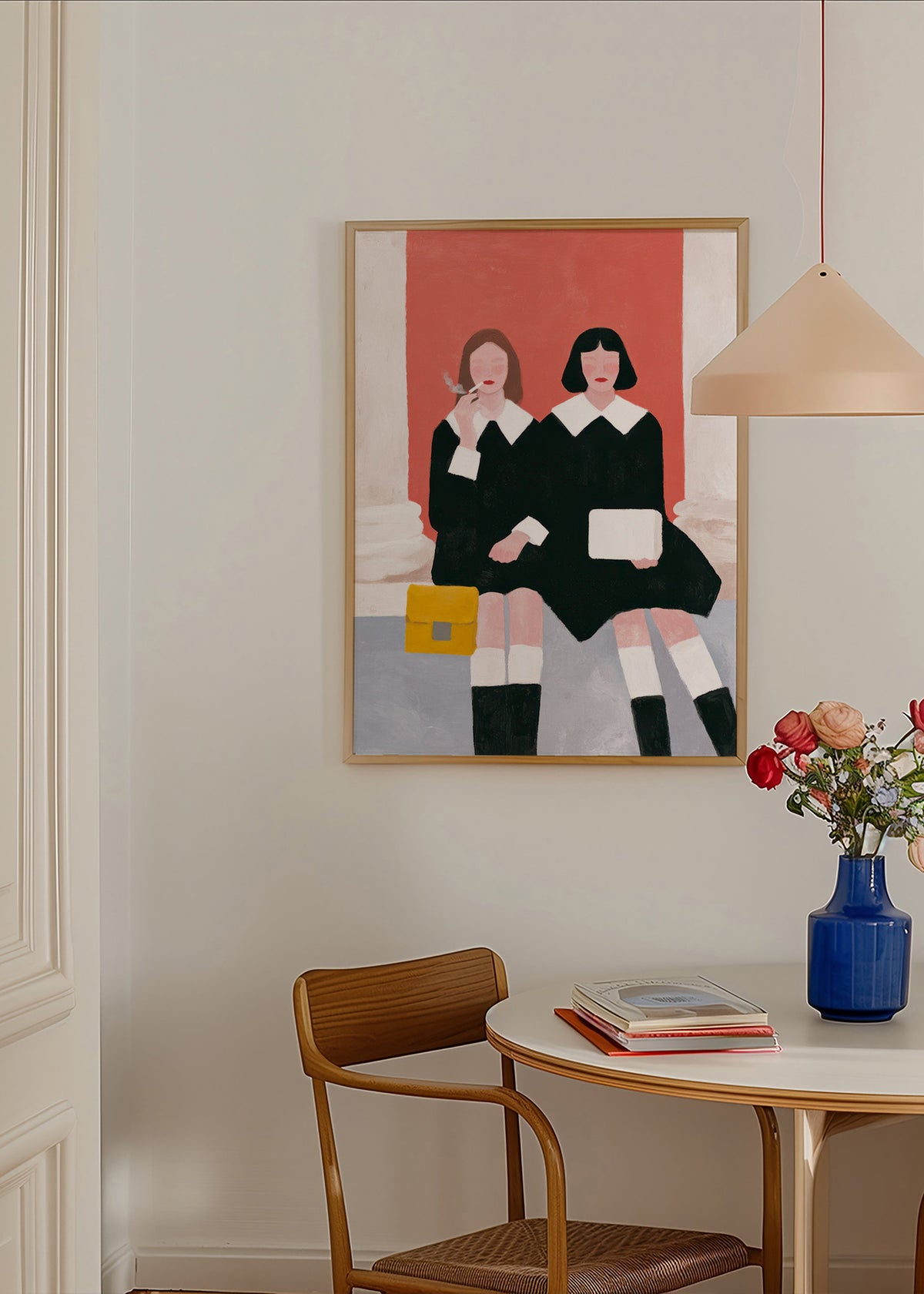 Illustration af to siddende figurer i retrostil – Product1
