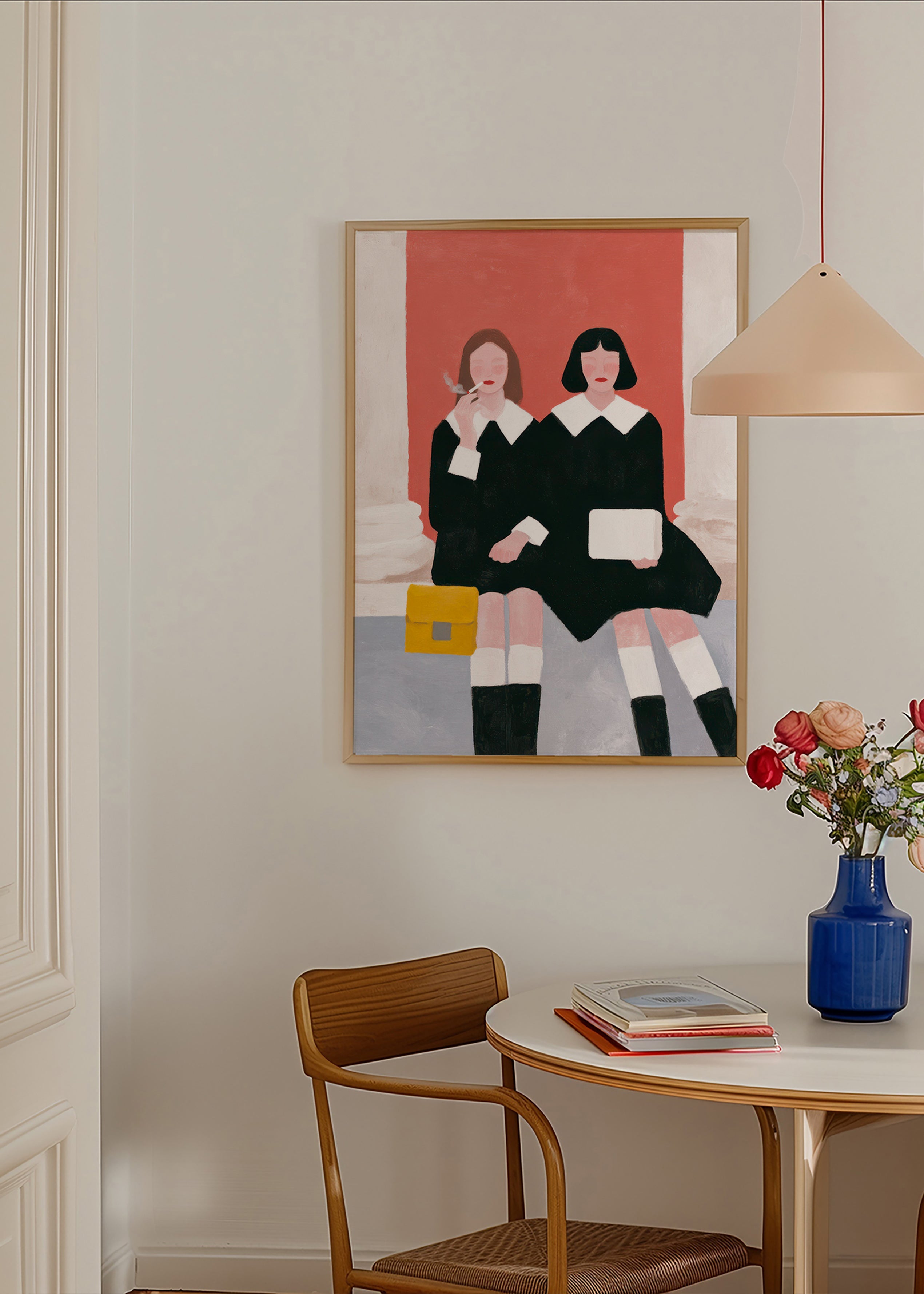 Illustration af to siddende figurer i retrostil – Product1