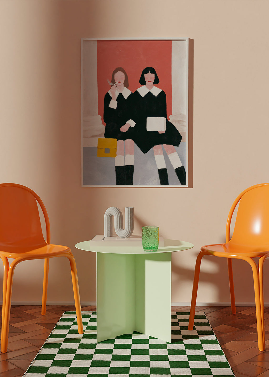 Illustration af to siddende figurer i retrostil – Product3