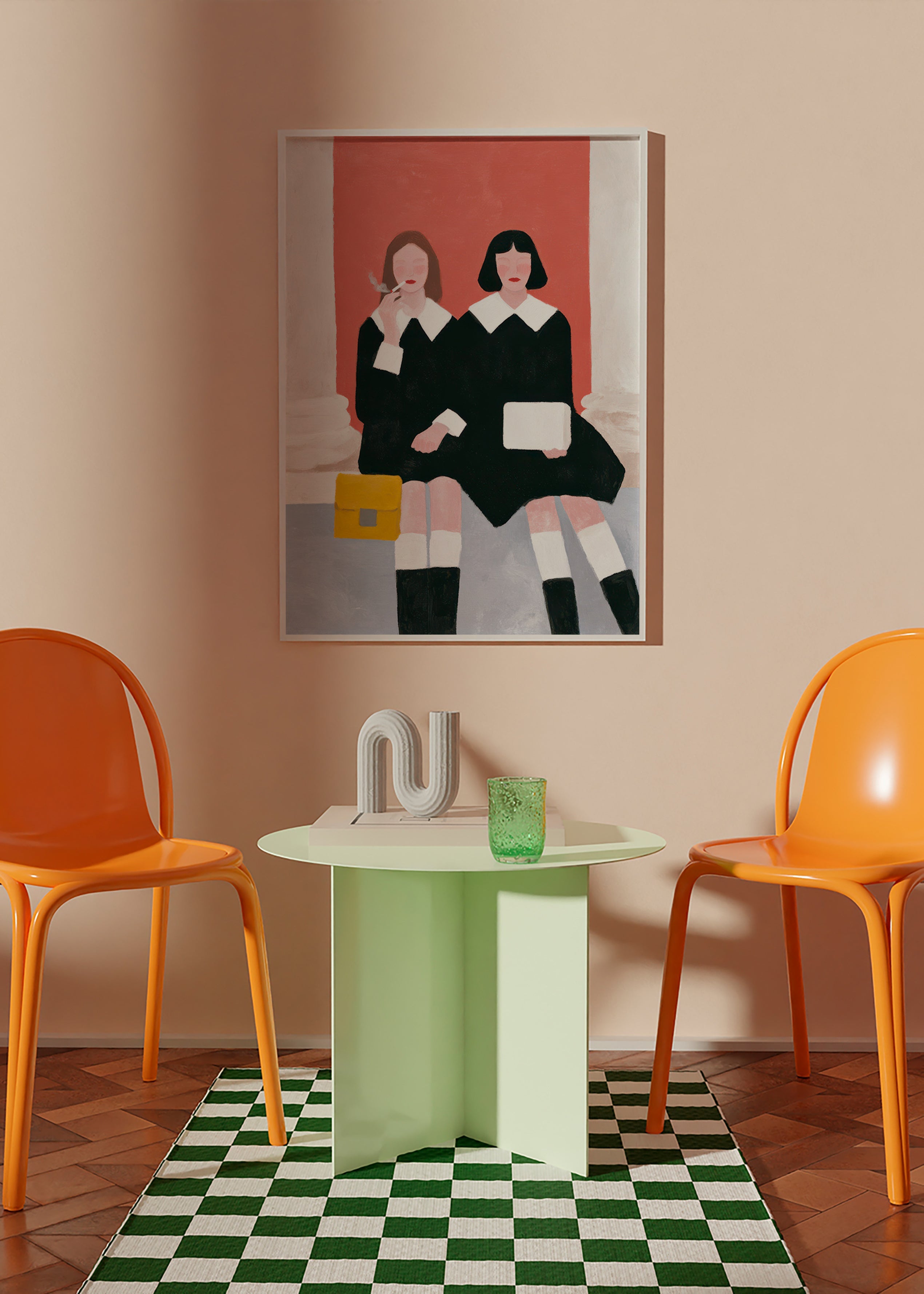 Illustration af to siddende figurer i retrostil – Product3