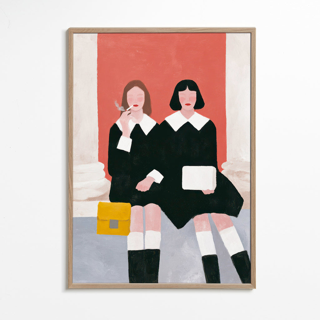 Illustration af to siddende figurer i retrostil – Oak Frame