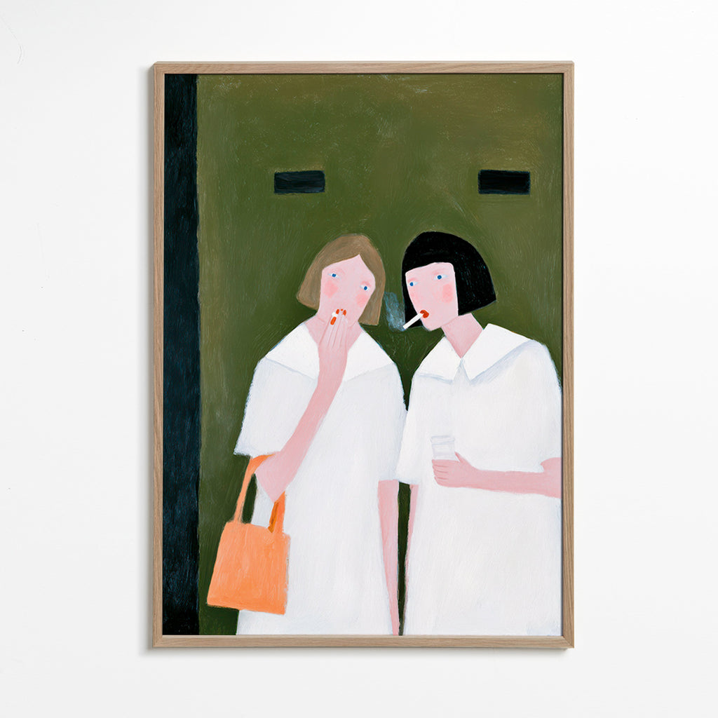 Illustration af to figurer, der ryger i blide toner – Oak Frame