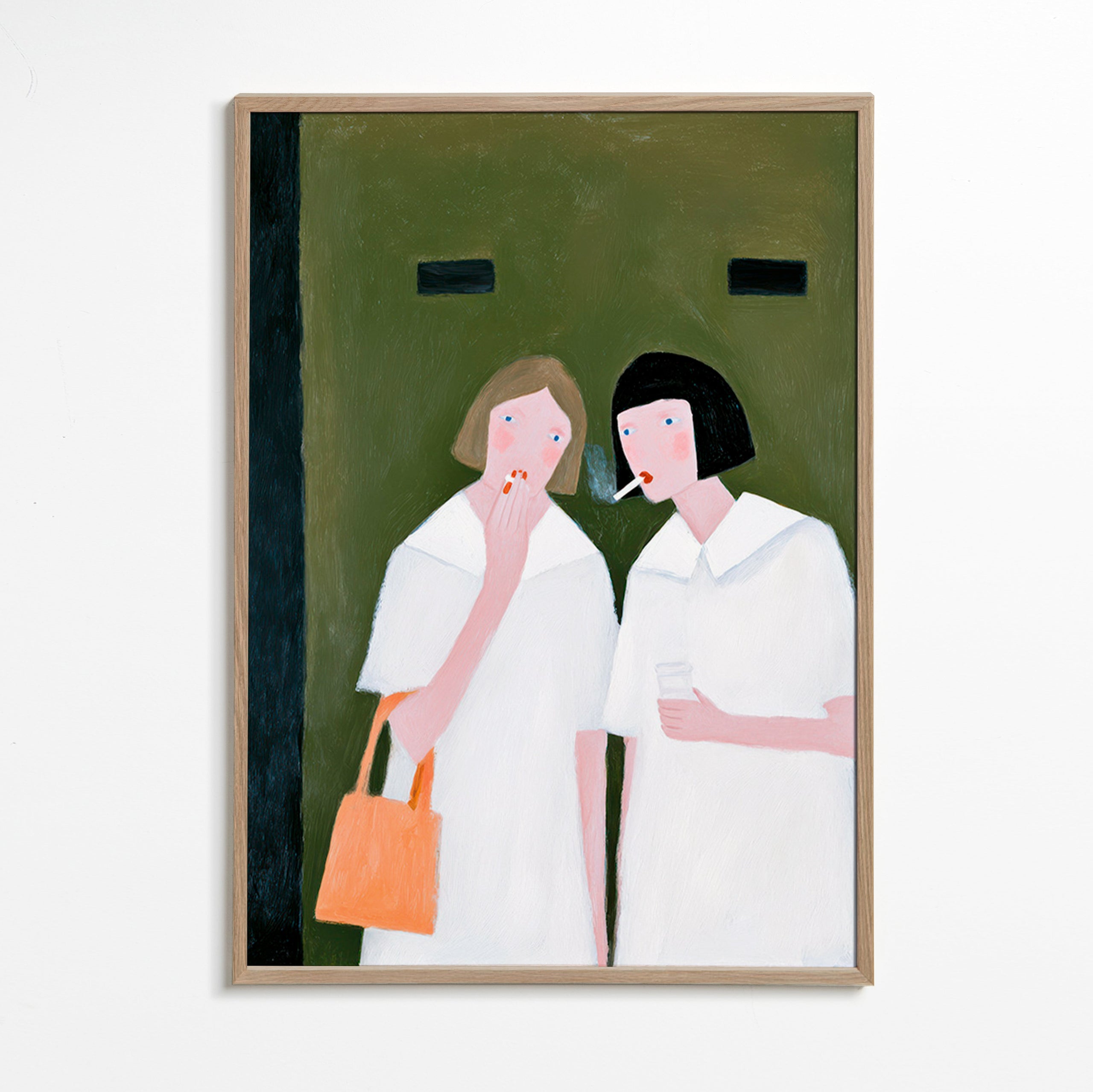 Illustration af to figurer, der ryger i blide toner – Oak Frame