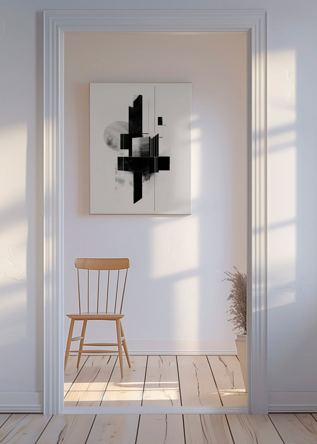 Geometrisk plakat med arkitektoniske sort-hvide former – Canvas