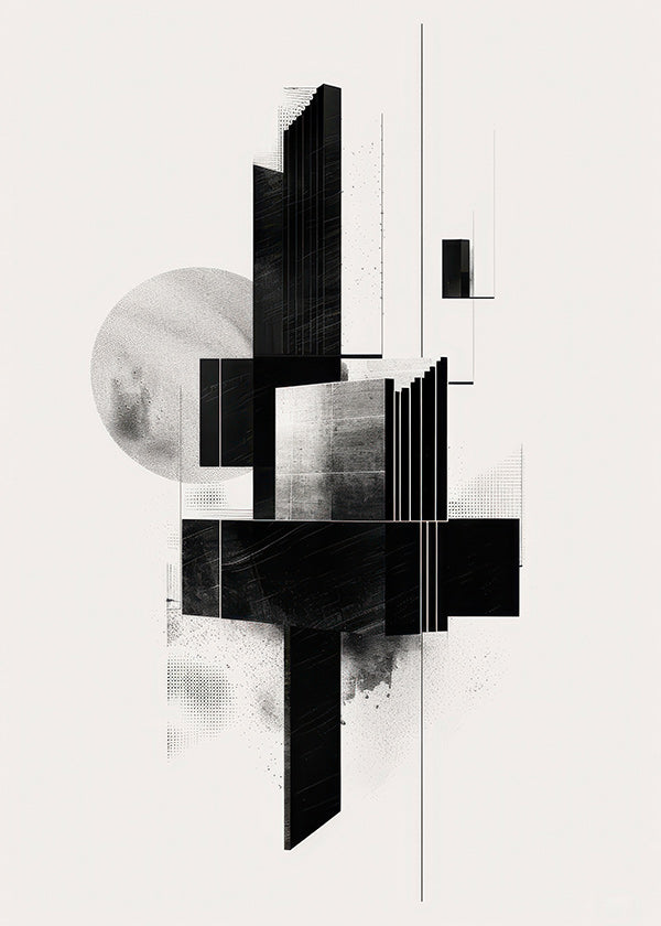 Geometrisk plakat med arkitektoniske sort-hvide former