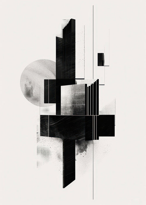 Geometrisk plakat med arkitektoniske sort-hvide former