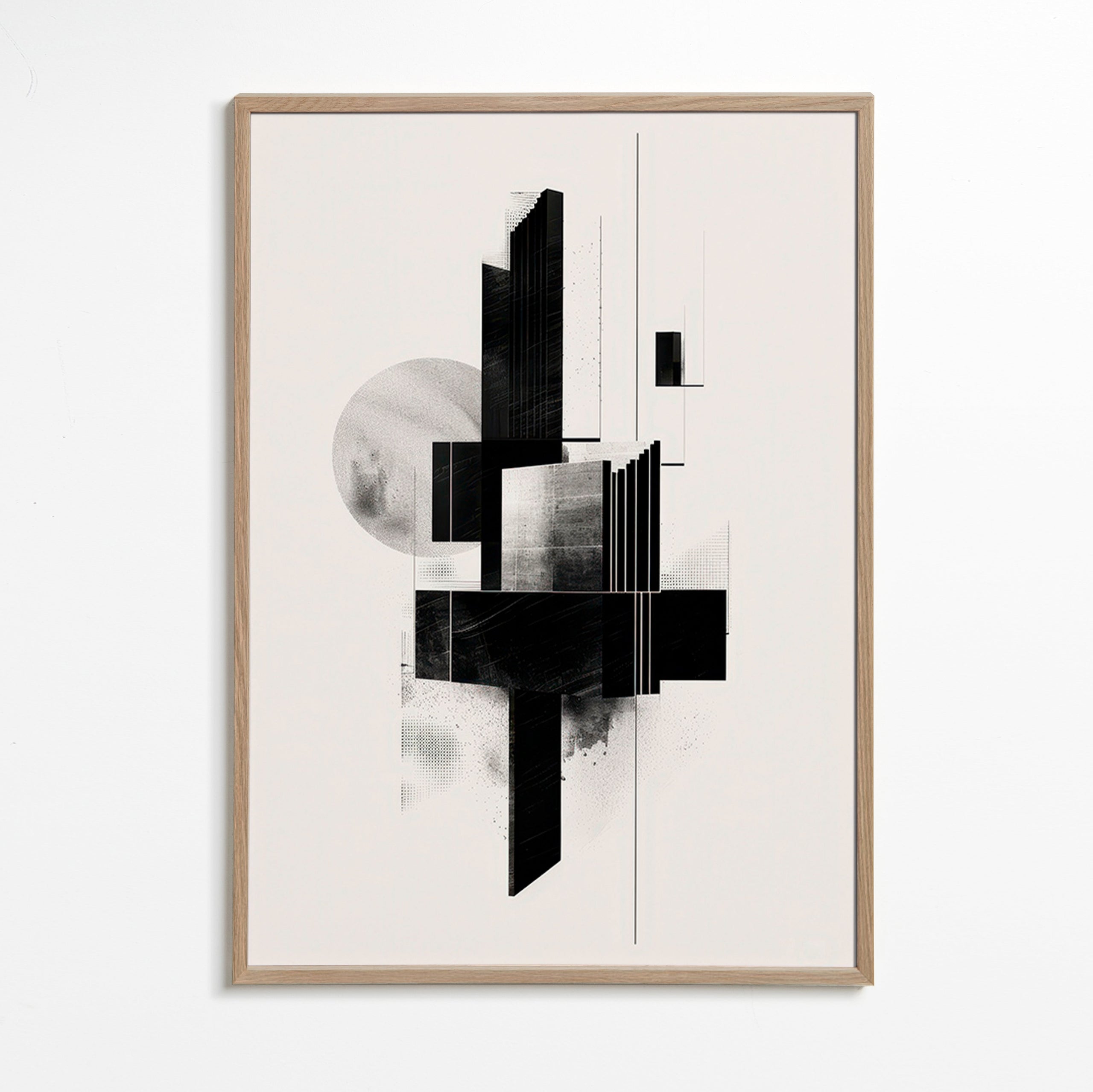 Geometrisk plakat med arkitektoniske sort-hvide former – Oak Frame