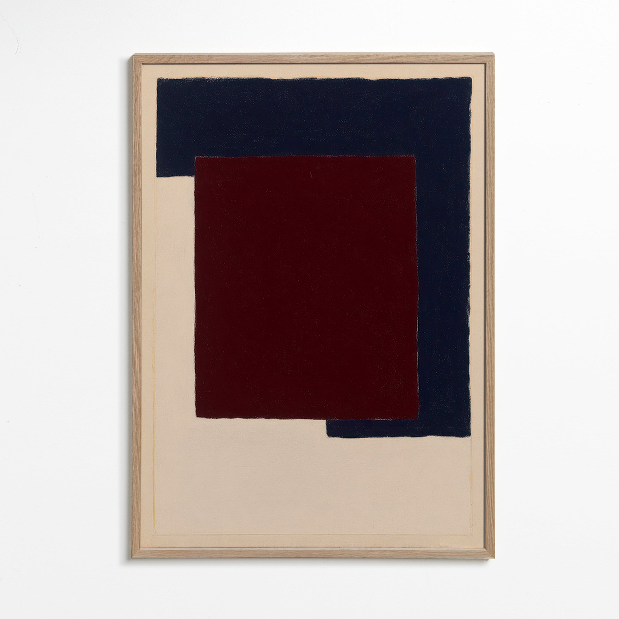 Abstrakt kunst med bordeaux og blå blokke – Oak Frame